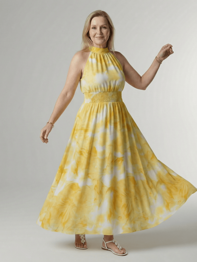 Lightweight summer midi dress for women featuring a sleeveless halter design, perfect for warm weather outings. 0